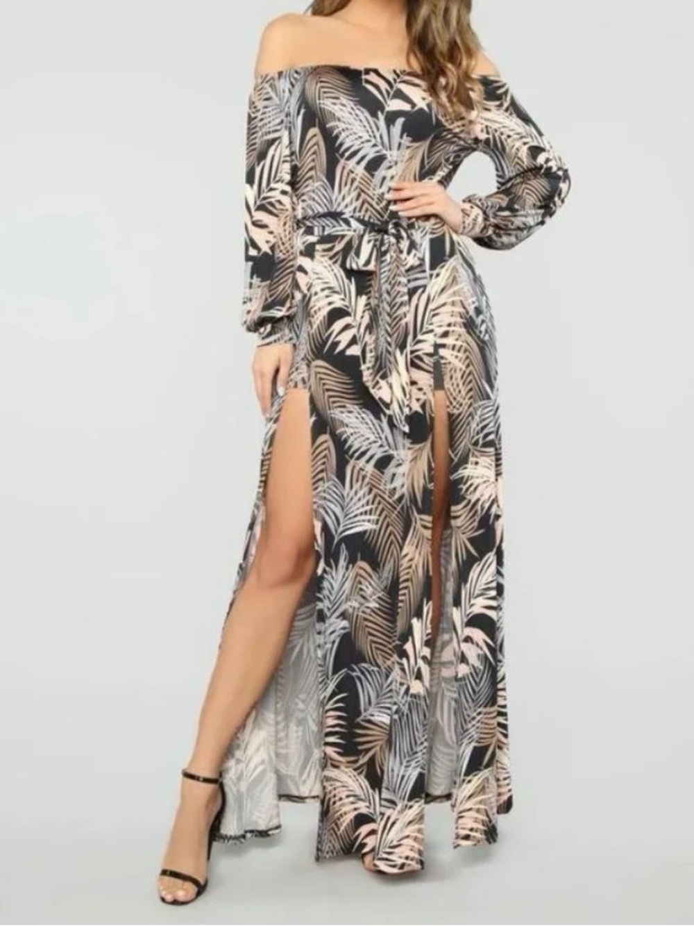 Fashion Nova Black and Beige Palm Print Off-Shoulder Maxi Dress